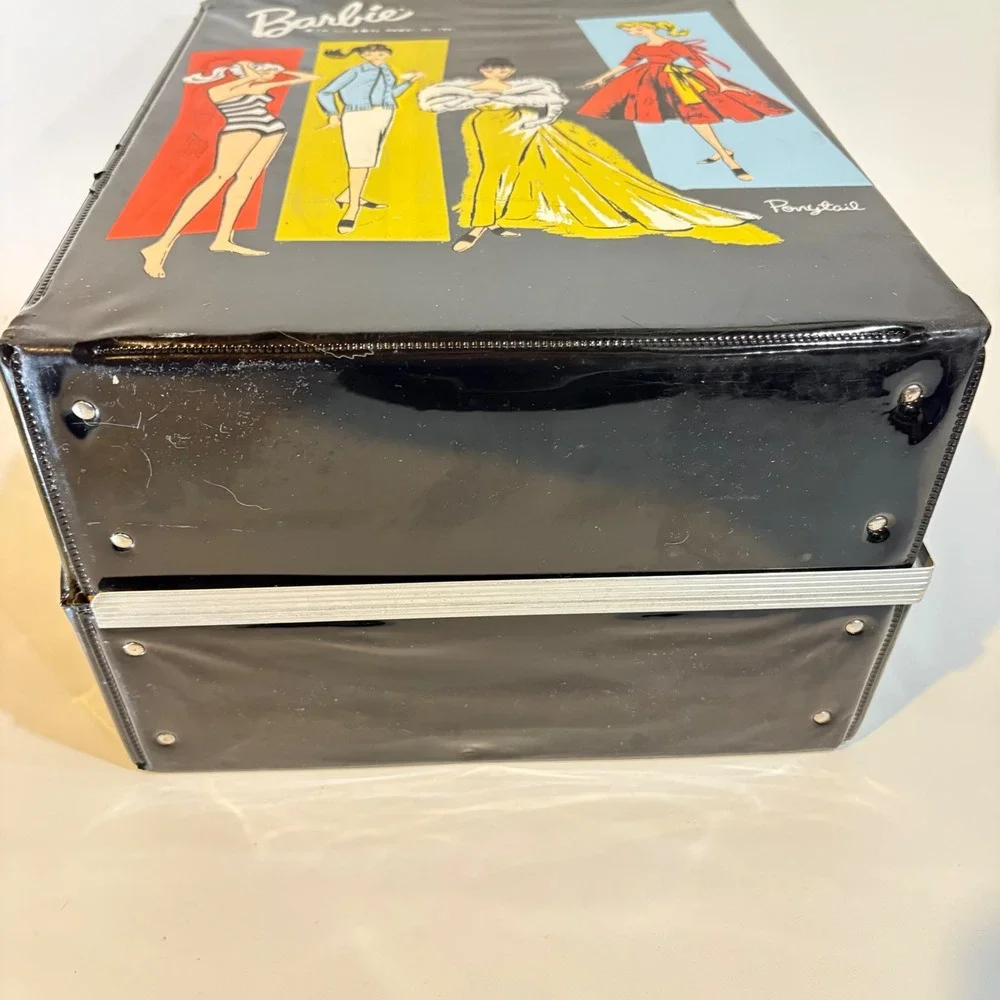 Vintage 1961 Barbie Ponytail Doll Trunk Case Mattel Black Vinyl Accessory Boxes